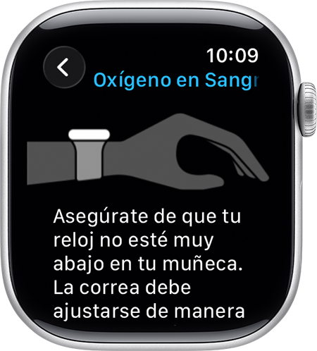 Una pantalla del Apple Watch en la que se muestra un diagrama de una muñeca con un Apple Watch en la posición adecuada.