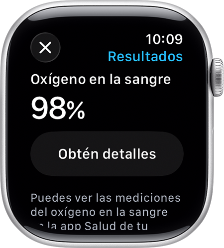 Un Apple Watch en el que se muestra un mensaje completo de grabación al final de una medición de oxígeno en sangre.
