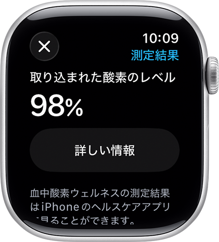 血中に取り込まれた酸素レベルの測定の最後に記録が完了したことを知らせるメッセージを表示しているApple Watch。
