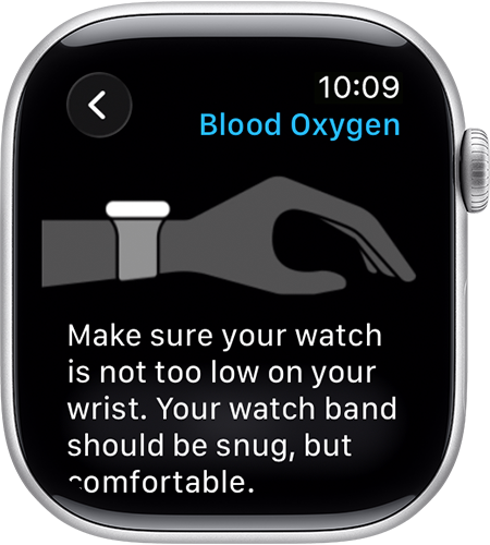 An Apple Watch screen that shows a diagram of a wrist with an Apple Watch being worn in the appropriate position.