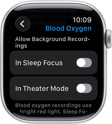 An Apple Watch screen that shows the Allow Background Recordings options for Sleep Focus and Theater Mode.