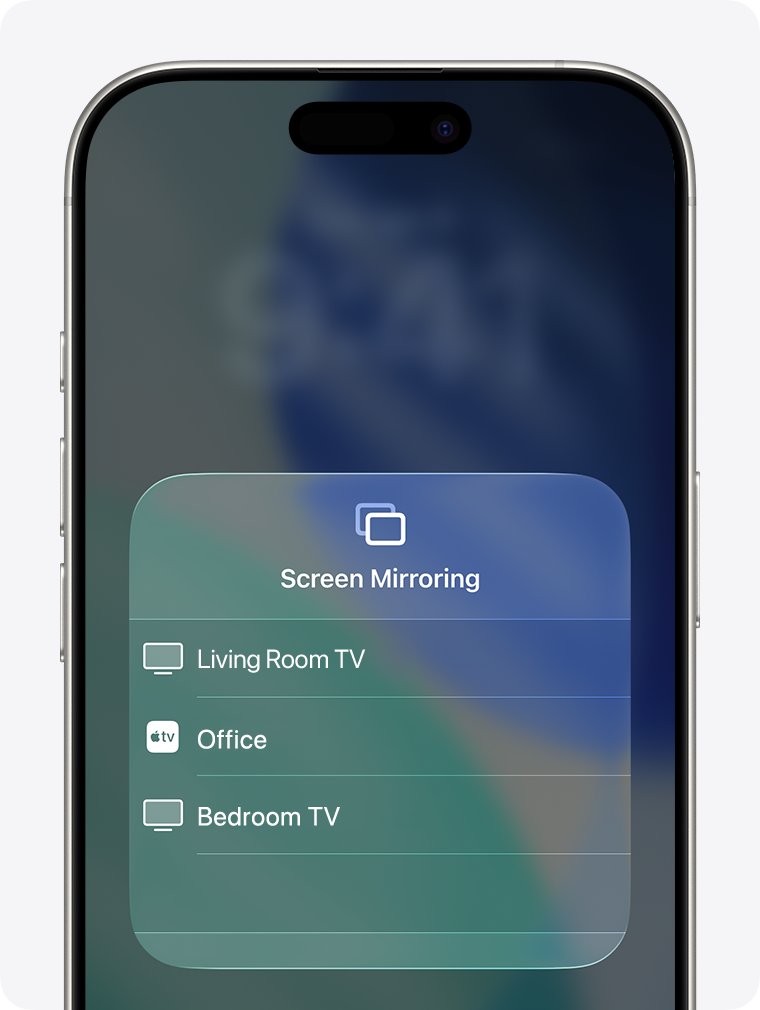 A list of available devices (e.g., Living Room TV, Office, Bedroom TV) displayed on an iPhone screen after selecting Screen Mirroring.