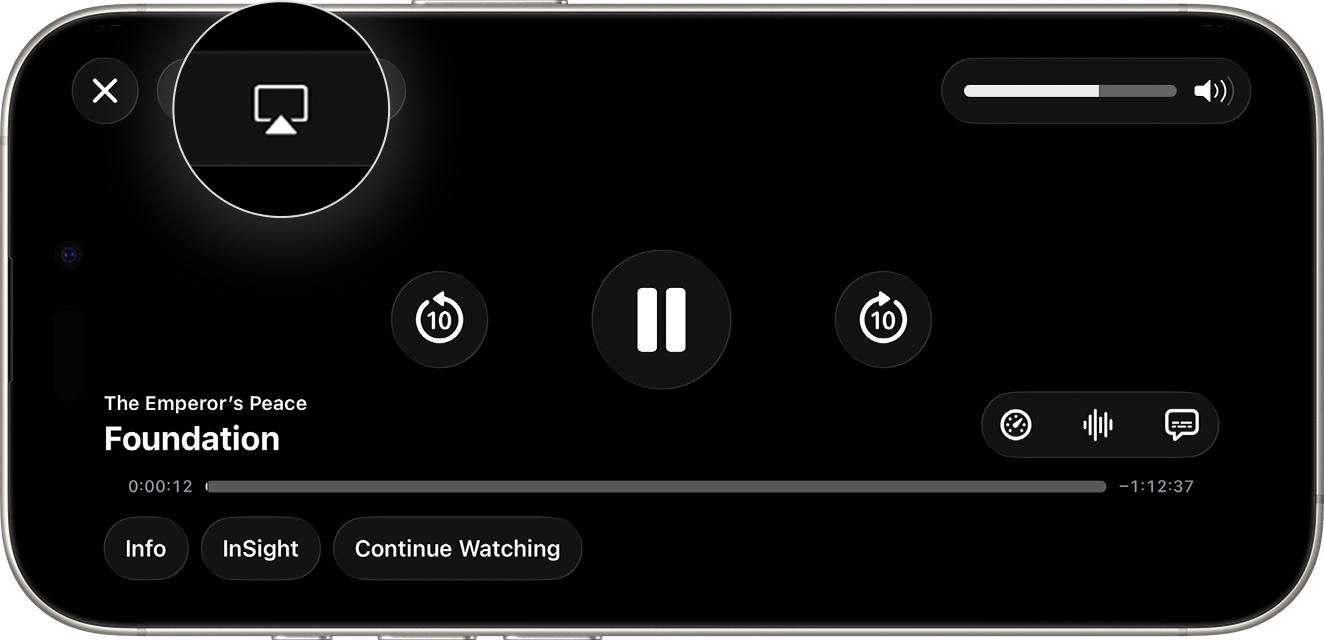 The AirPlay button appears emphasized in the lower-right corner of the screen on iPhone during video playback.