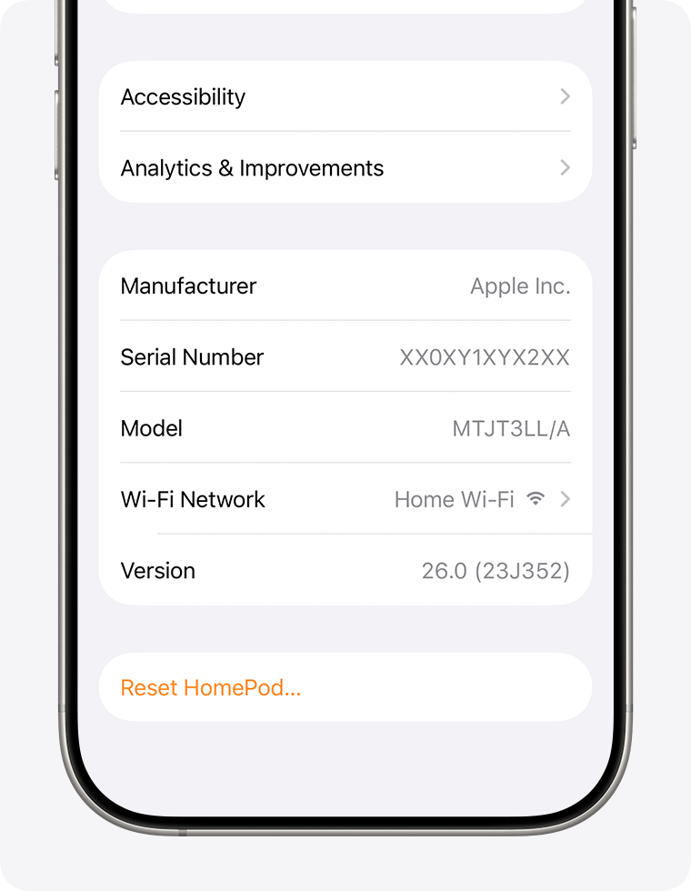 The serial number appears in HomePod settings in the Home app.