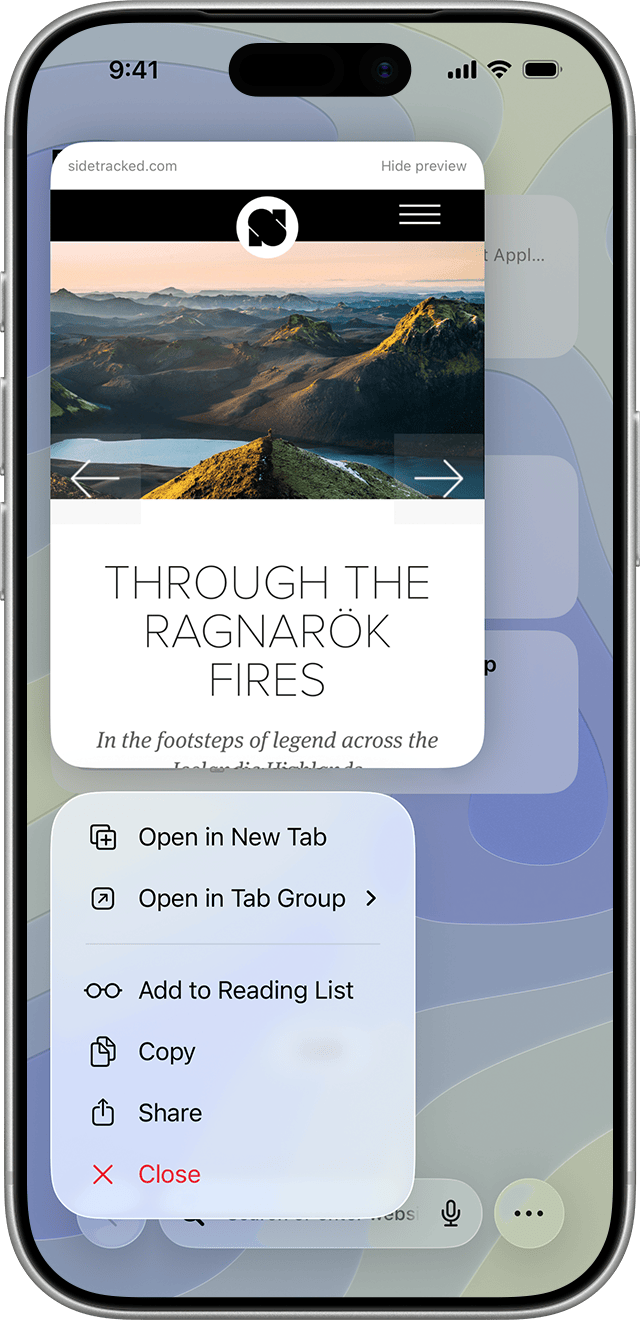 An iPhone with Safari open. After you tap and hold an iCloud Tab, a menu appears. Close is listed at the bottom of the menu.