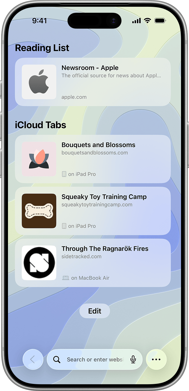 An iPhone with Safari open. Reading List is at the top, and the iCloud Tabs section is below that.