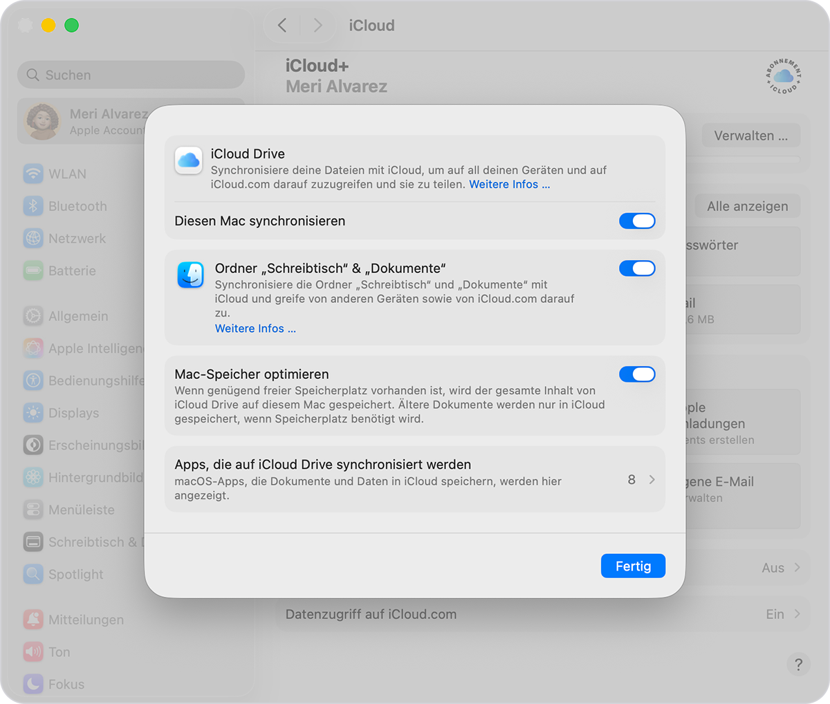 Ein macOS-Bildschirm mit iCloud Drive-Einstellungen. „Diesen Mac synchronisieren“ ist ein Schalter unter der Beschreibung von iCloud Drive.