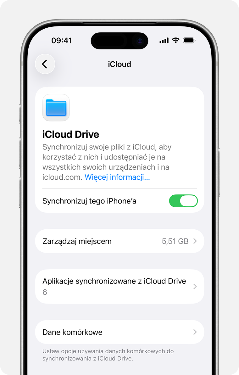 Ekran iPhone’a wyświetlający ustawienia iCloud Drive. Synchronizuj tego iPhone’a to przełącznik poniżej opisu iCloud Drive.