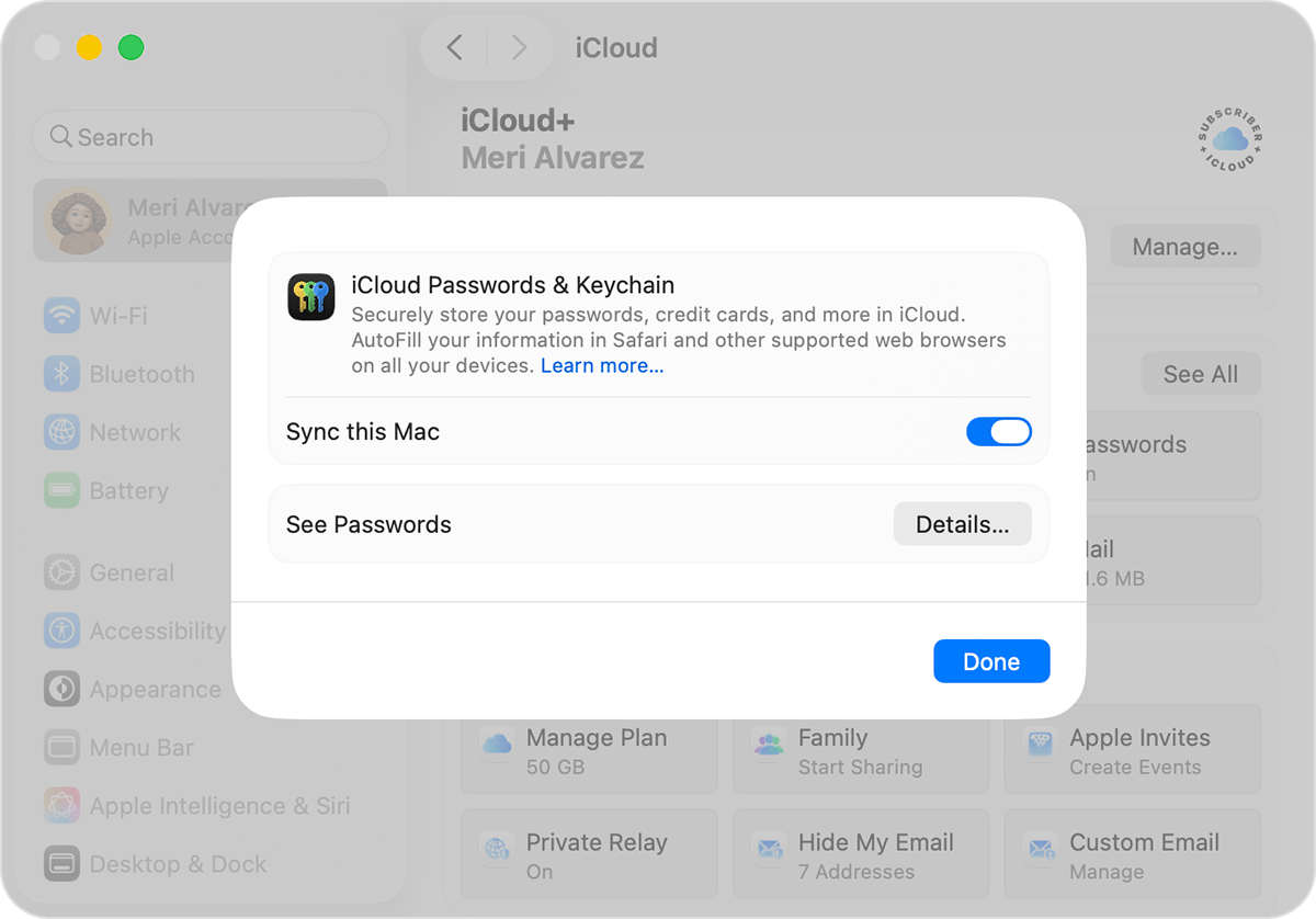 A Mac screen showing iCloud Passwords & Keychain. Click Sync This Mac to turn on iCloud Passwords & Keychain on your Mac.