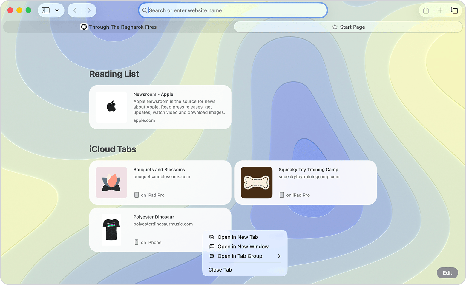 A Safari window on a Mac showing the menu after you Control-click an iCloud tab. Close Tab is listed at the bottom of the menu.