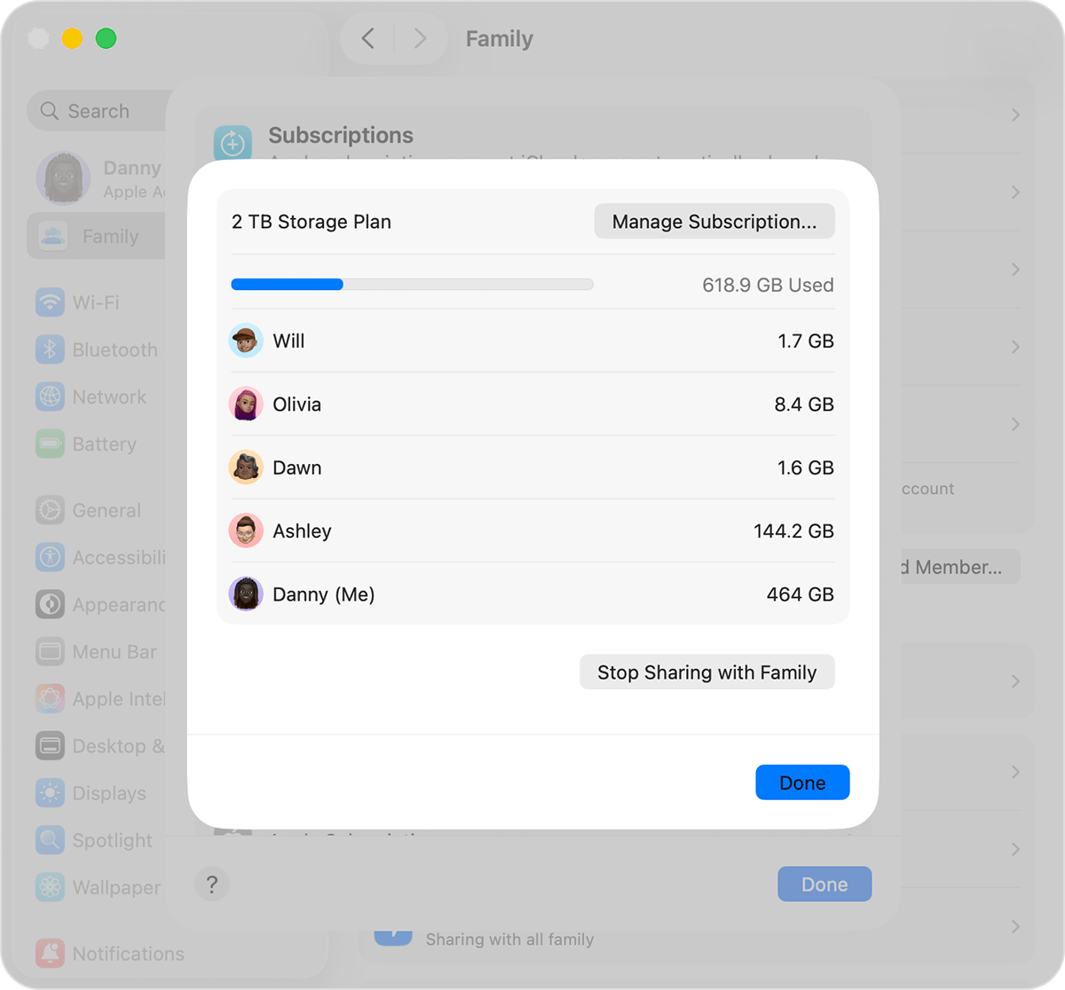 Mac screen showing steps to check and manage your iCloud+ subscription.