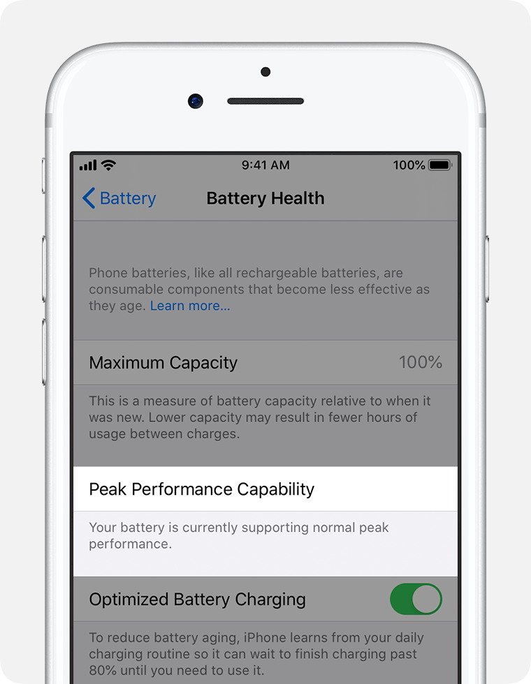 The Battery Health screen, with Peak Performance Capability highlighted.