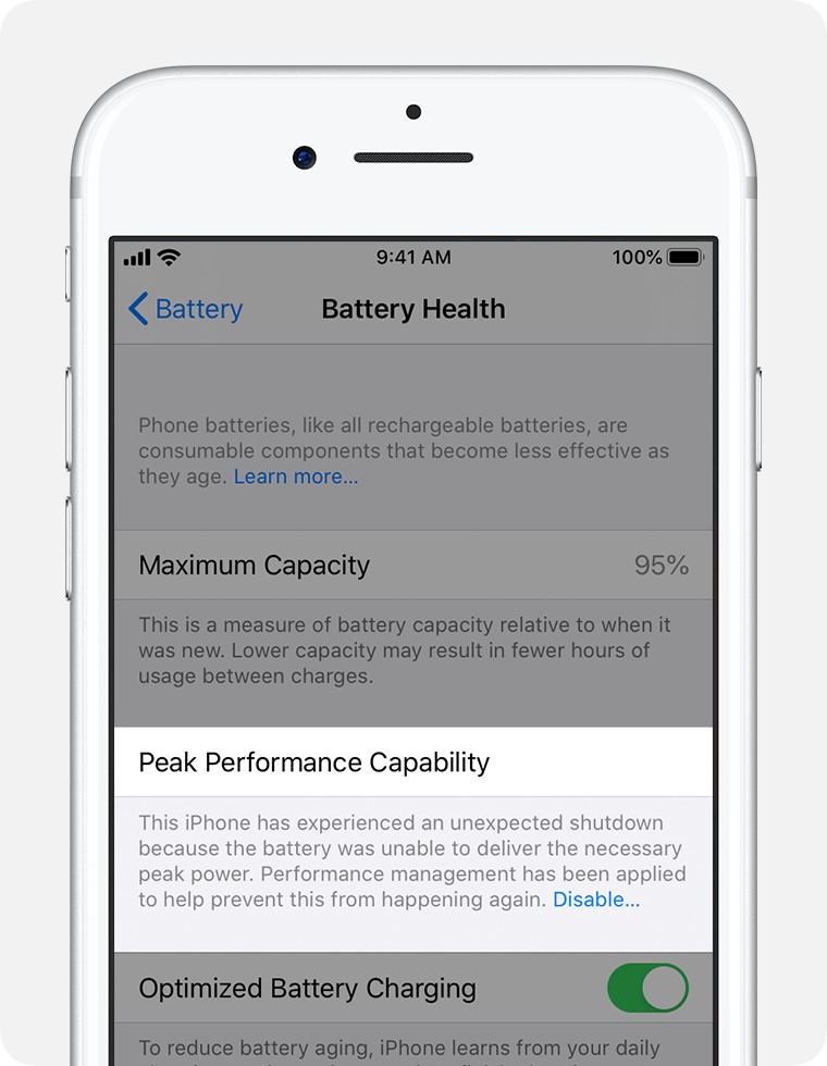 The Battery Health screen, with Peak Performance Capability highlighted.