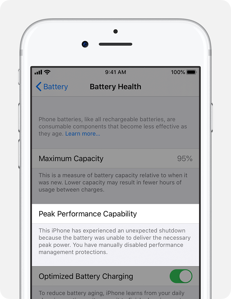 The Battery Health screen, with Peak Performance Capability highlighted.