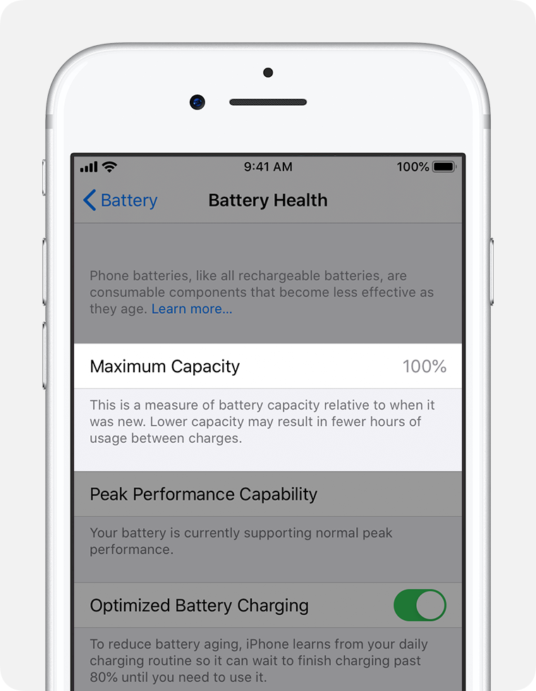 The Battery Health screen with Maximum Capacity highlighted.