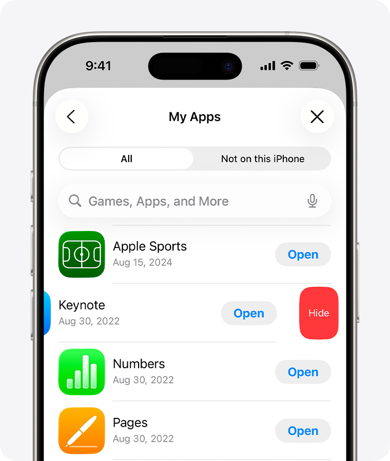 App Store on iPhone, showing to swipe left to reveal a Hide option on app purchases.