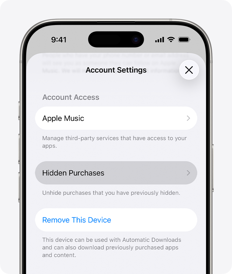 App Store on iPhone showing Account Settings, with the Hidden Purchases option highlighted.