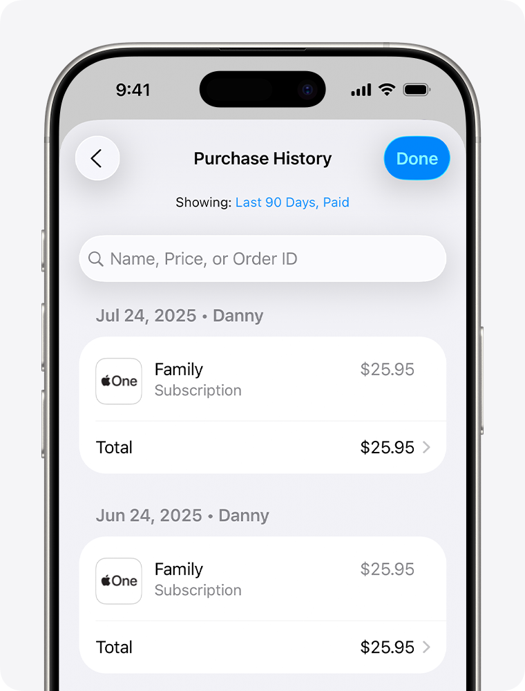 The Purchase History screen on an iPhone, displaying a list of recent transactions with dates and amounts.