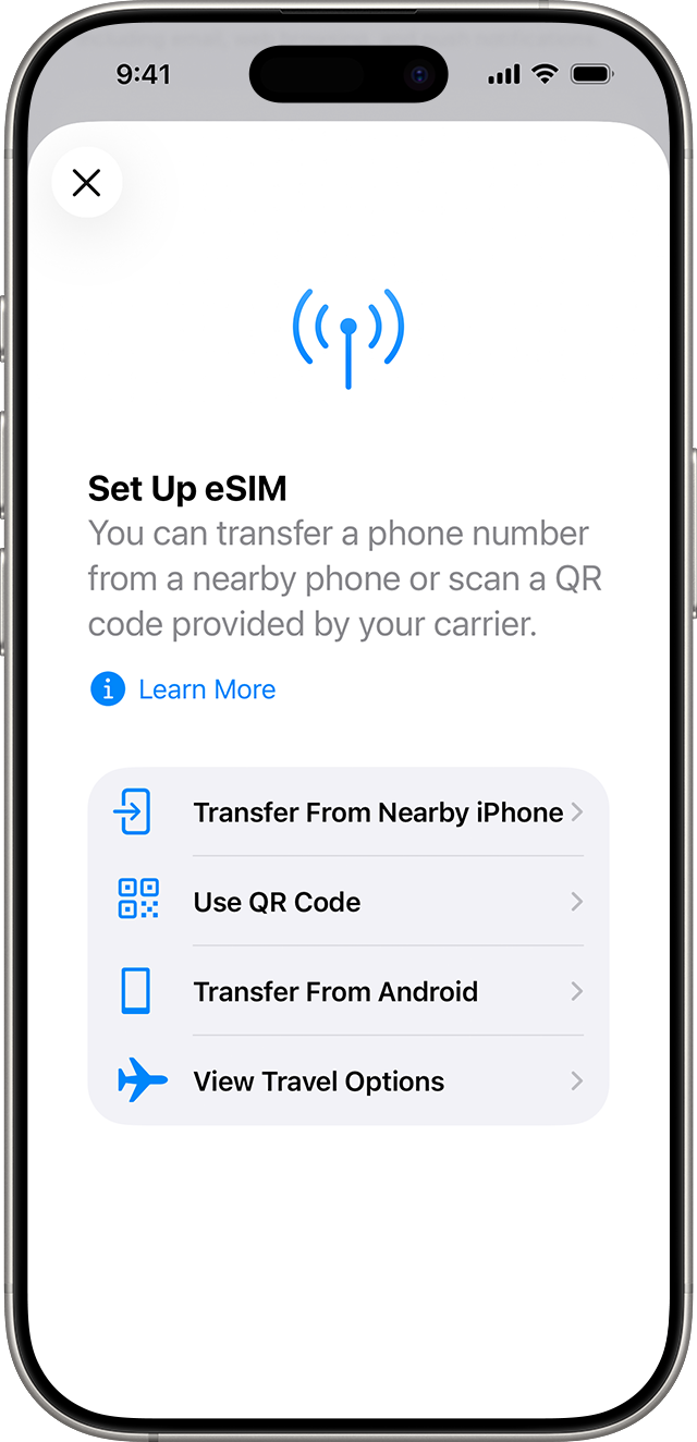 iPhone screenshot of setup of eSIM with options to transfer cellular plan from nearby iPhone or to use a QR code.
