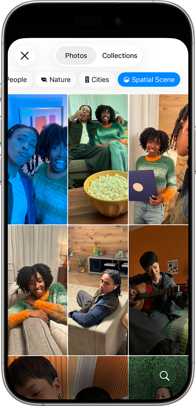 iPhone, screen shows the Spatial Scene tab in Photos, photo thumbnails show moments with friends and selfies