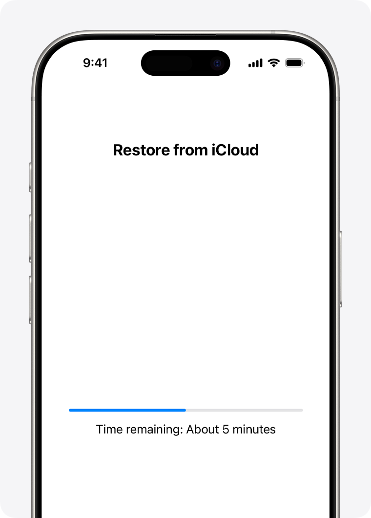 An iPhone showing the status of restoring your device from an iCloud backup.