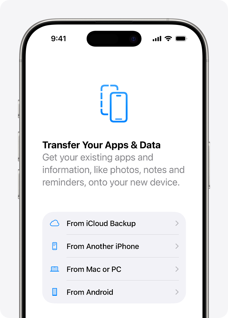 An iPhone showing From iCloud Backup as the first option.