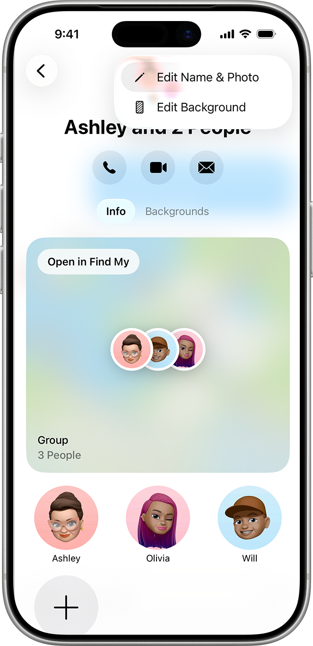 An iPhone showing how to change the name and photo of a group text