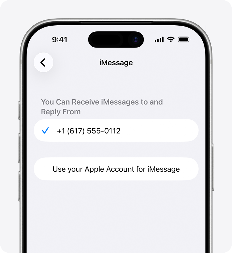 iPhone displaying the iMessage settings screen. At the bottom, there's a Use your Apple Account for iMessage button that you can tap to use your Apple Account to send and receive iMessages.