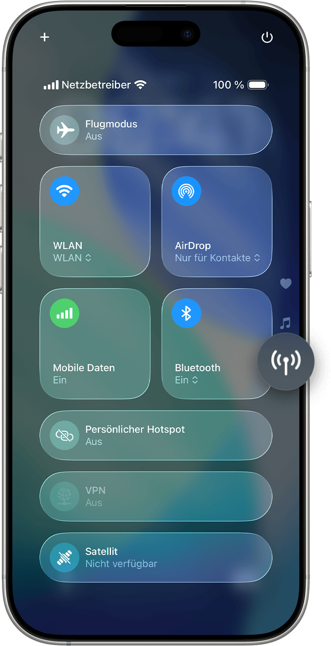 Kontrollzentrum auf dem iPhone mit der vergrößerten Taste „Konnektivität“ auf der rechten Seite des Bildschirms. Die Taste „Satellit“ unten in der Liste.