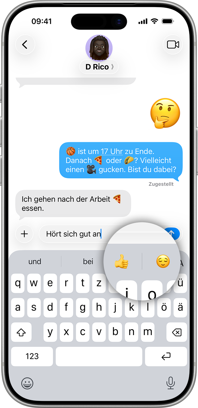 In iOS 26 schlägt „Vorschläge“ Emojis vor, wenn du Nachrichten verwendest.