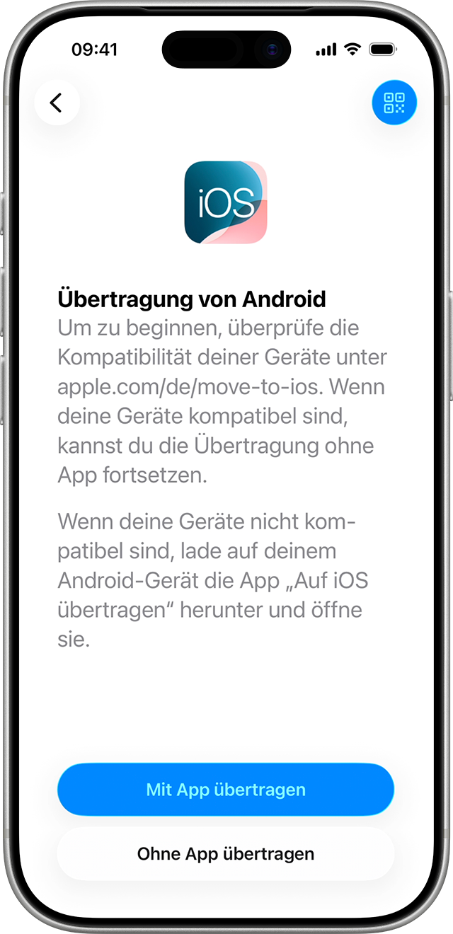 In iOS 26.5 kannst du mit kompatiblen Geräten Daten von einem Android-Gerät auf iOS oder iPadOS übertragen, ohne die App „Auf iOS übertragen“ zu verwenden.