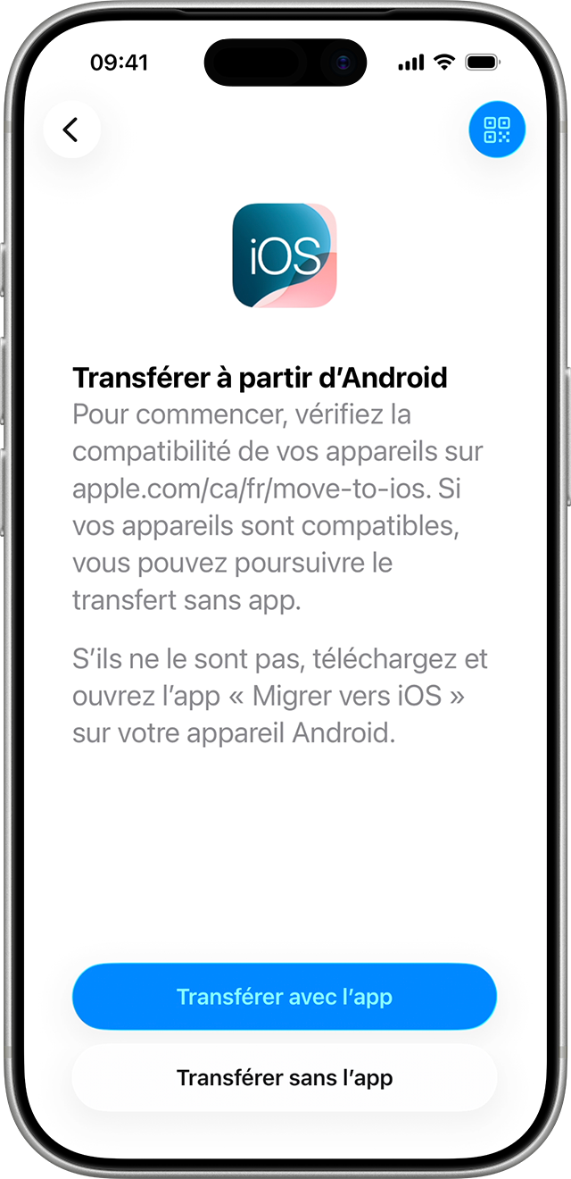 Sous iOS 26.5, avec des appareils compatibles, vous pouvez transférer des données d’un appareil Android vers iOS ou iPadOS sans l’app Migrer vers iOS.