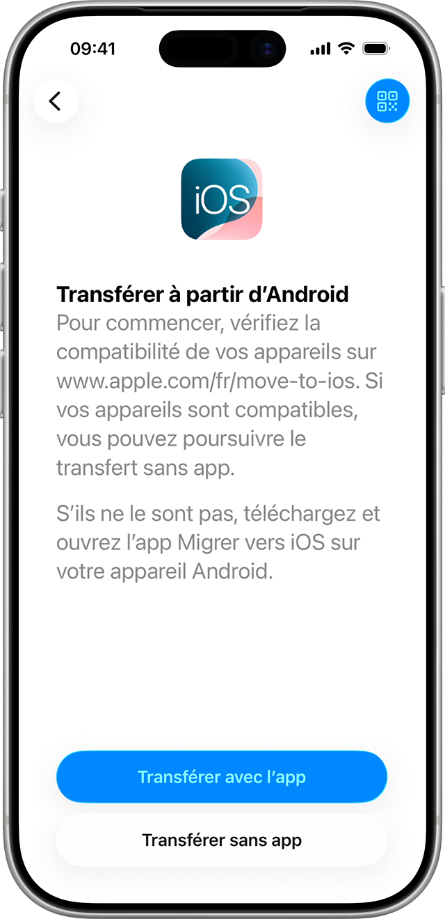 Sous iOS 26.5, sur les appareils compatibles, vous pouvez transférer vos données d’un appareil Android vers iOS ou iPadOS sans utiliser l’application Migrer vers iOS.
