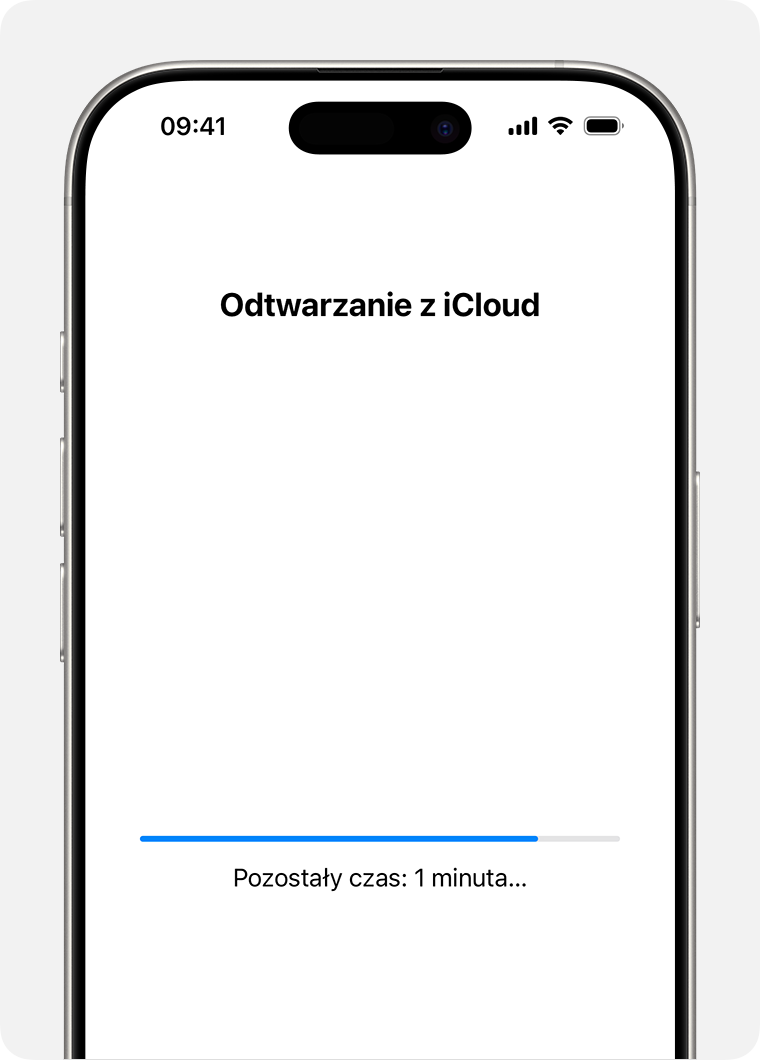 iPhone wyświetlający stan odtwarzania urządzenia z backupu w iCloud.