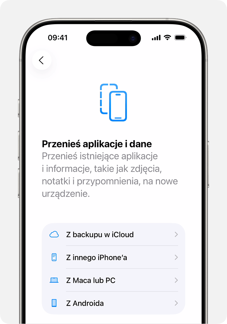 iPhone wyświetlający opcję Z backupu w iCloud jako pierwszą opcję.