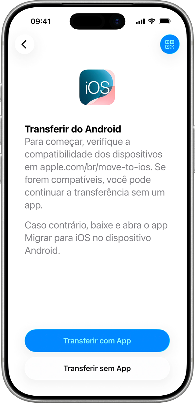 No iOS 26.5 com dispositivos compatíveis, você pode transferir de um dispositivo Android para iOS ou iPadOS sem o app Migrar para iOS.
