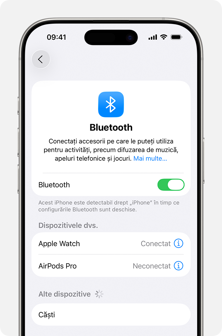 iPhone care afișează configurările Bluetooth, cu Bluetooth activat și Dispozitivele dvs. afișând dispozitivele conectate și neconectate.