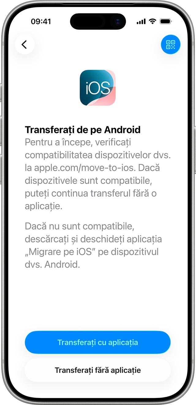 În iOS 26.5, pe dispozitivele compatibile, poți transfera de pe un dispozitiv Android pe iOS sau iPadOS fără aplicația Migrare pe iOS.