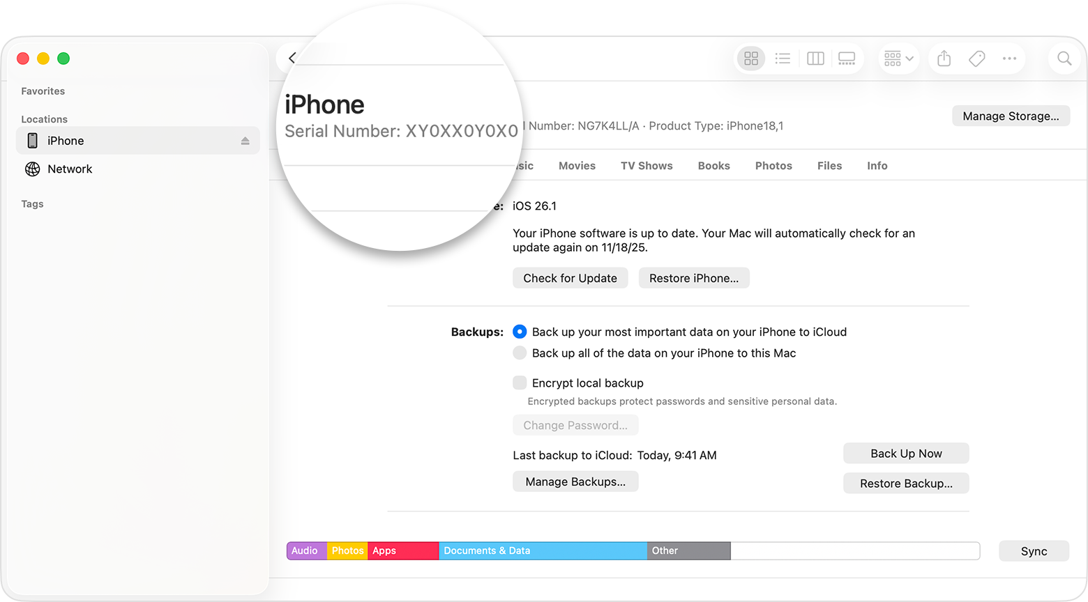 A Finder window showing iPhone serial number.