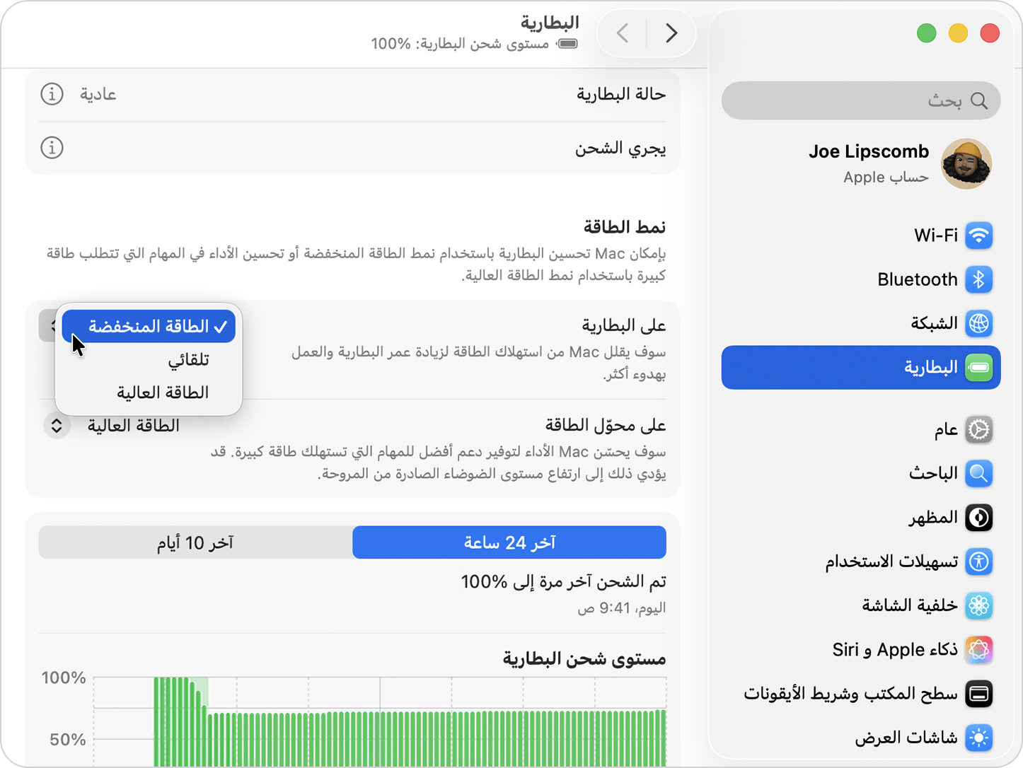 خيارات "نمط الطاقة" في إعدادات "البطارية" على Mac.
