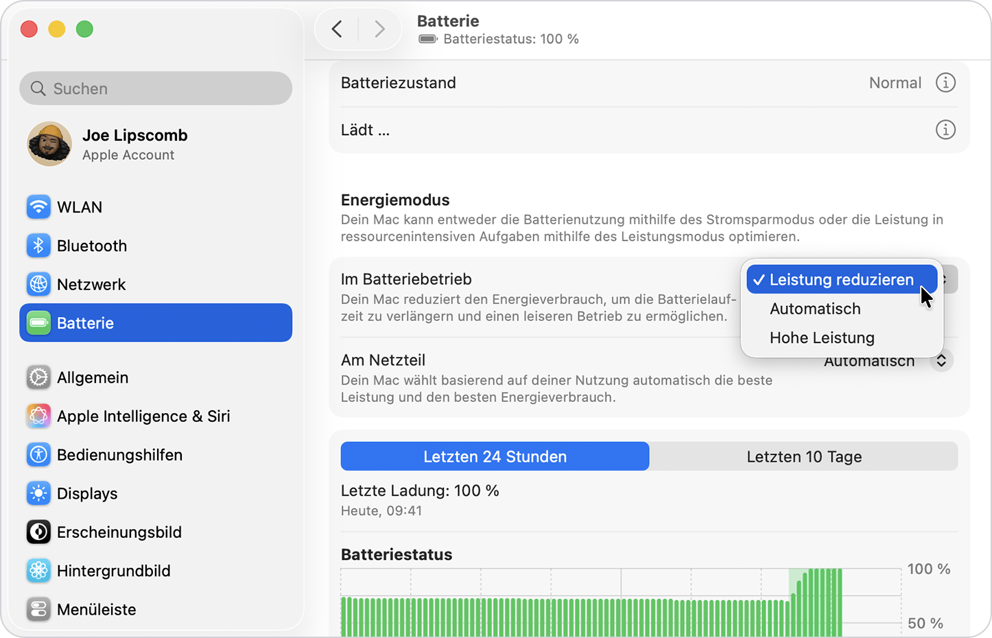 Optionen für den Energiemodus in den Batterieeinstellungen auf dem Mac.
