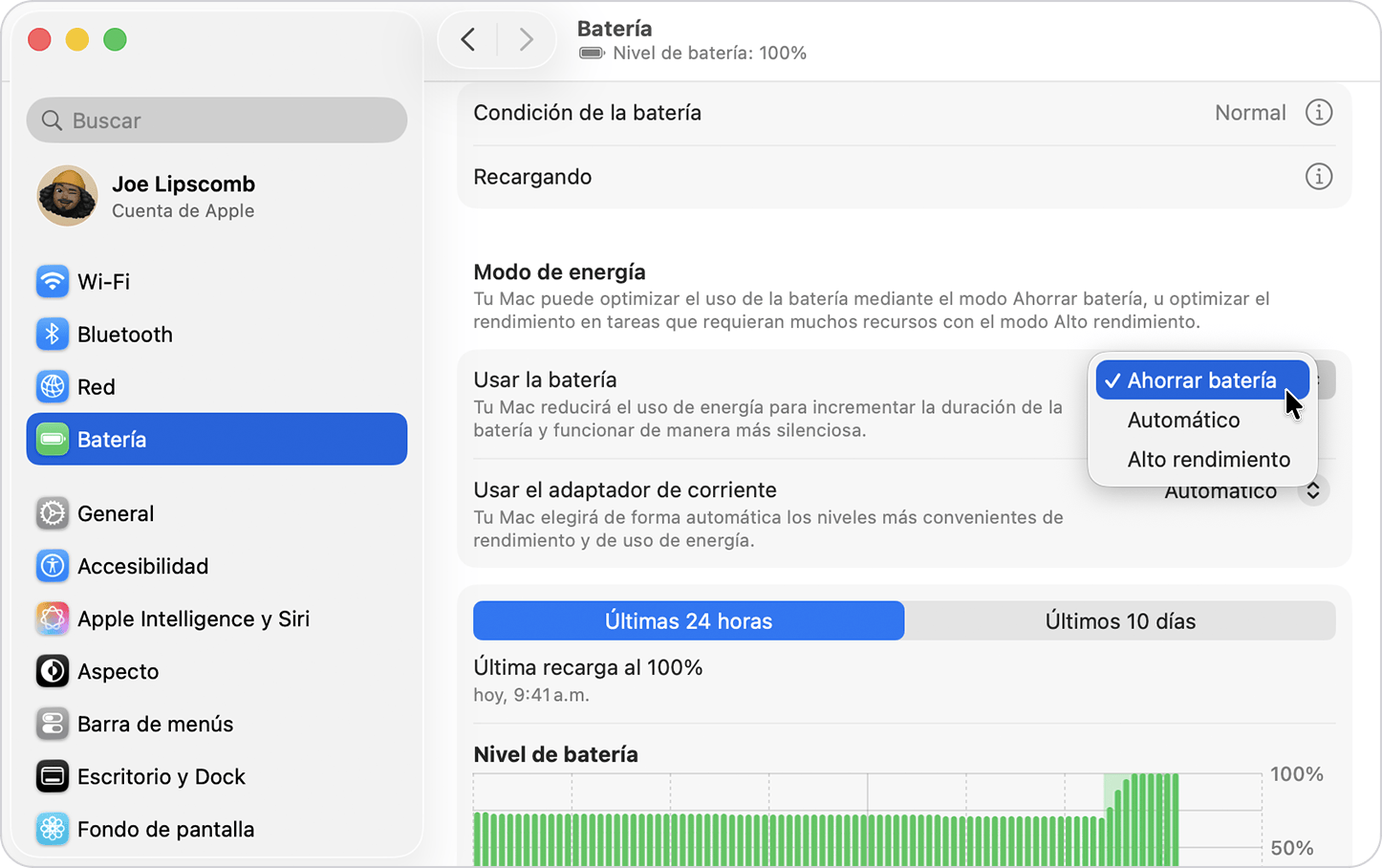 Opciones de Modo de energía en Configuración de batería en la Mac.