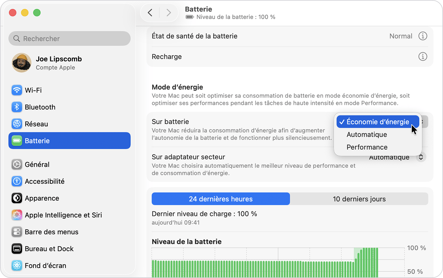 Options du mode Énergie dans les réglages Batterie sur Mac.