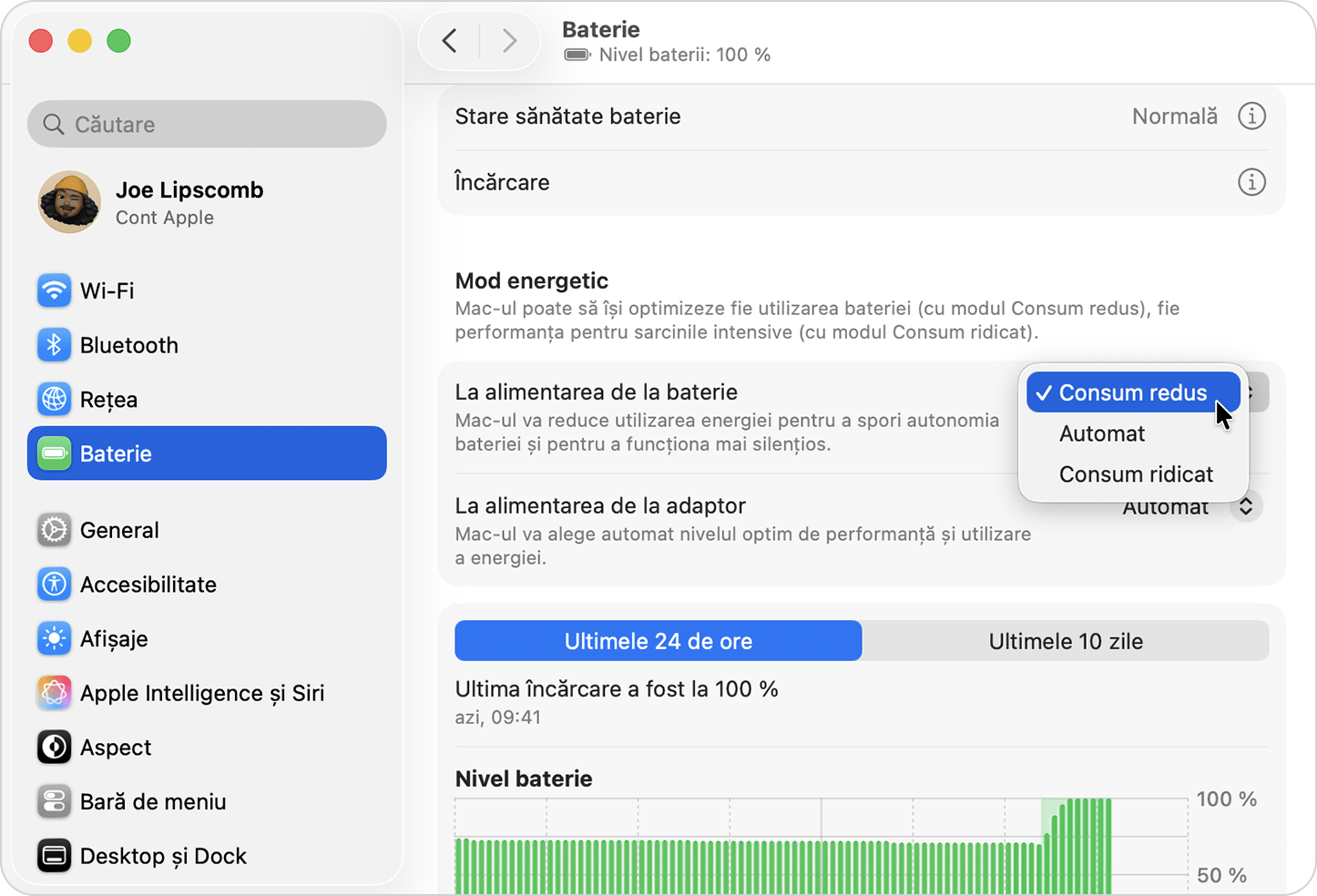 Opțiuni pentru Modul energie în configurările pentru Baterie de pe computerul Mac.