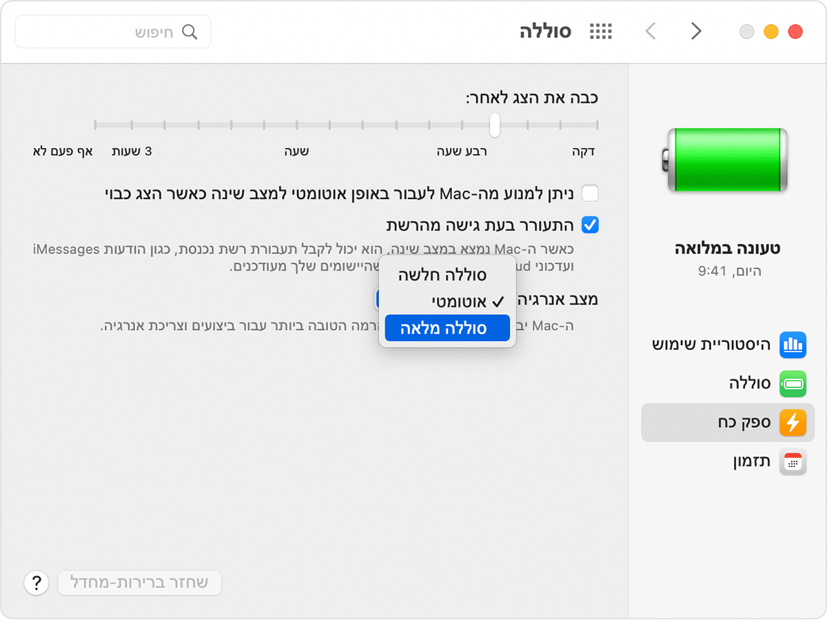 מעבר בין מצבי אנרגיה ב'העדפות המערכת' ב-Mac.
