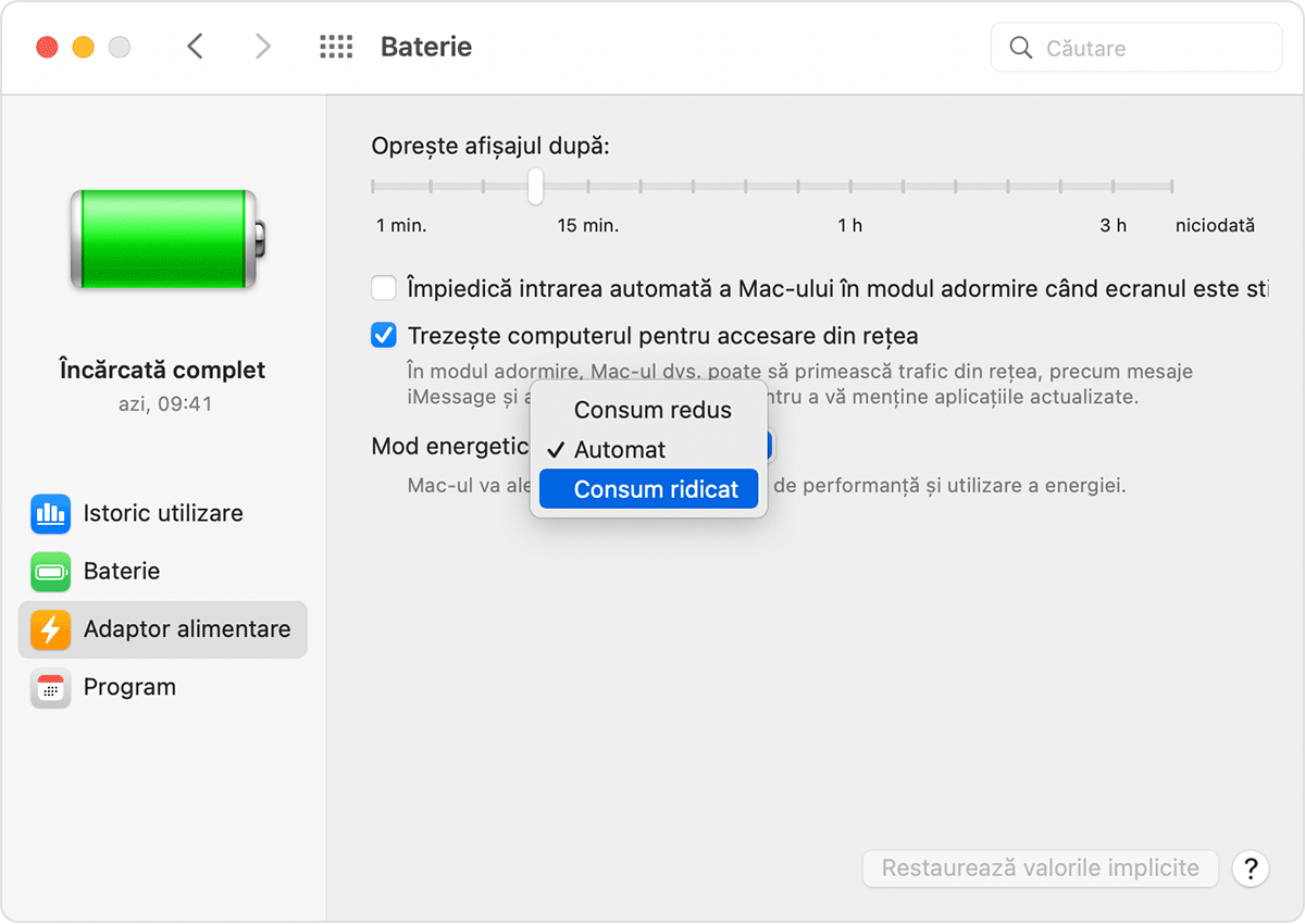 Comutarea între modurile energetice în Preferințe sistem pe Mac.