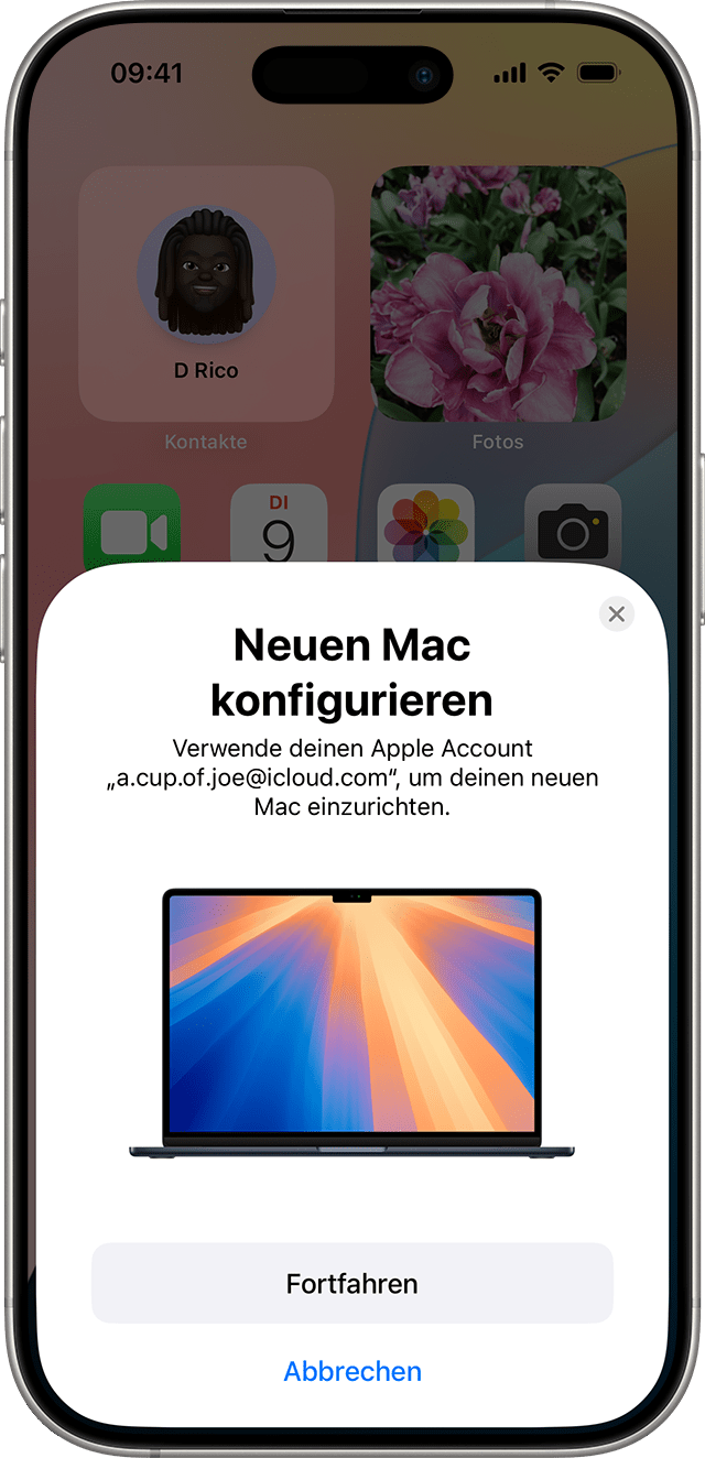 Aufforderung auf dem iPhone, deinen Apple Account für die Einrichtung deines neuen Mac zu verwenden.