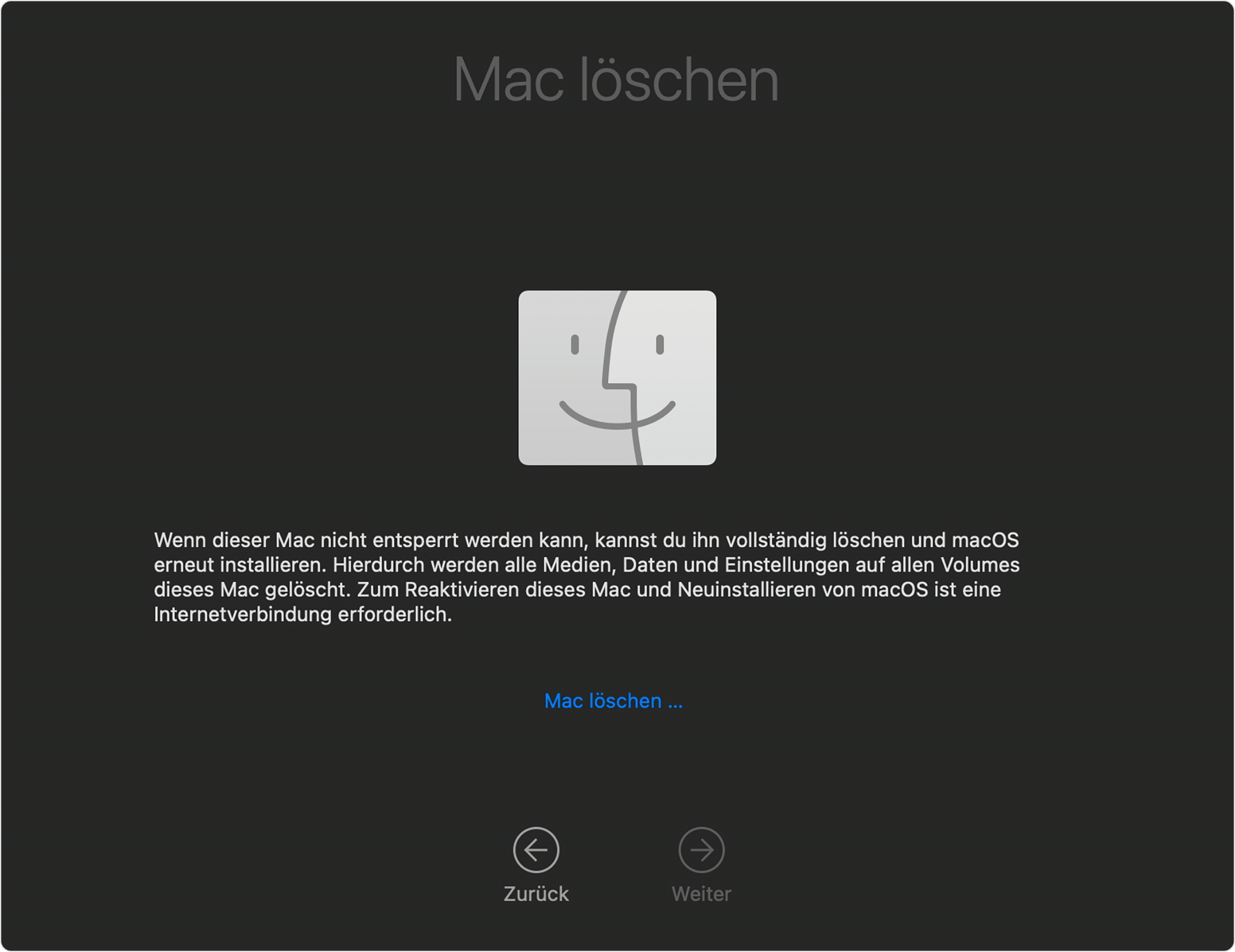 Fenster „Mac löschen“ in der macOS-Wiederherstellung mit dem Hinweis, dass dadurch alle Medien, Daten und Einstellungen auf diesem Mac gelöscht werden.