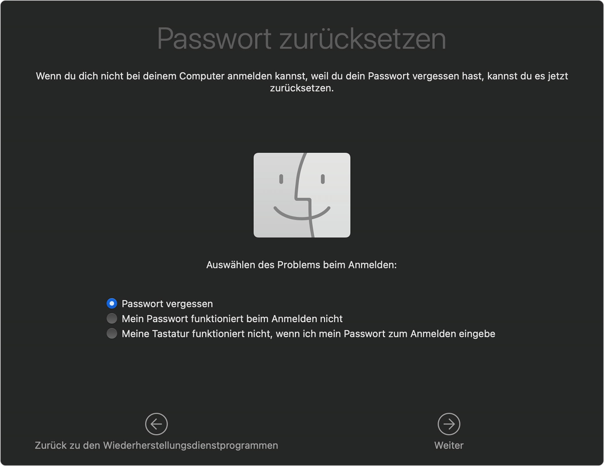 Fenster „Passwort zurücksetzen“ in der macOS-Wiederherstellung