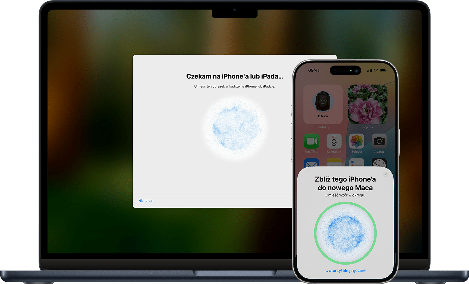iPhone skanujący wzór w celu uwierzytelnienia i skonfigurowania nowego Maca.